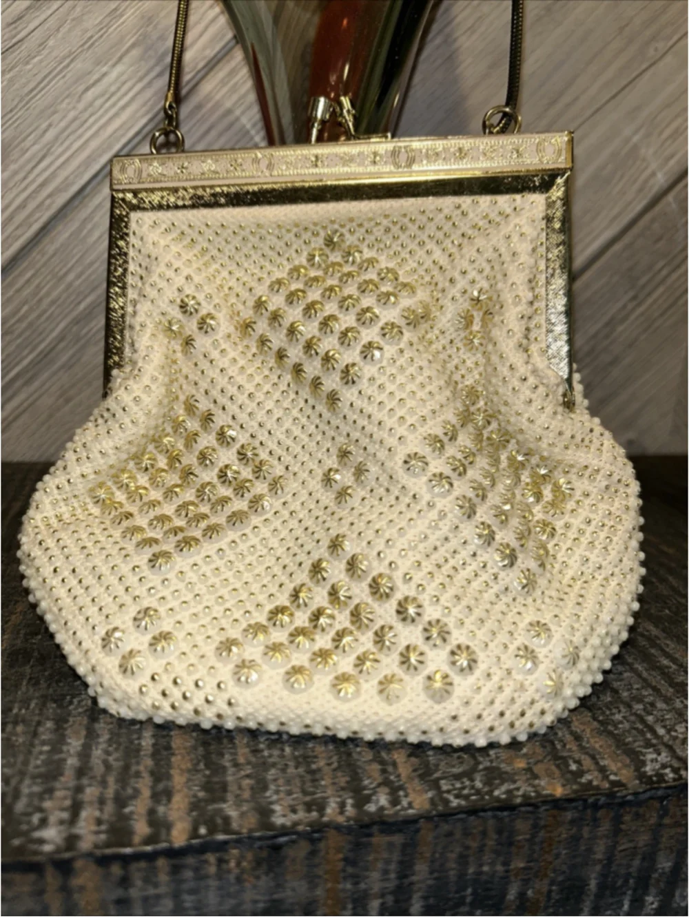 VTG Beaded White Evening Bag Purse Clutch Delicate Design On Metal Trim